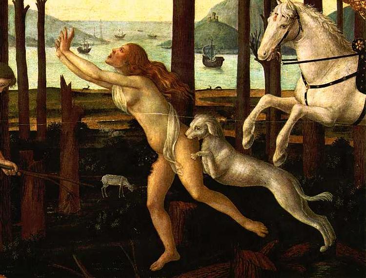 BOTTICELLI, Sandro The Story of Nastagio degli Onesti (detail of the first episode)  gfh